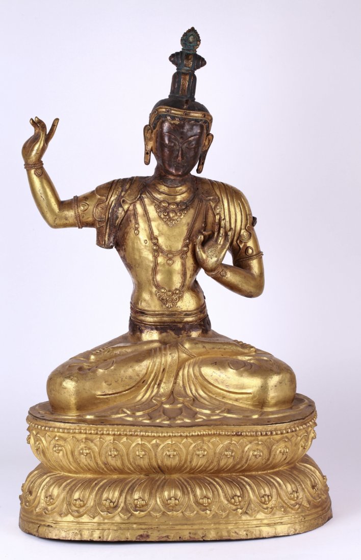 19th Century Sino-Tibetan Gilt Bronze Buddha: 19th Century Sino-Tibetan Gilt Bronze Copper Seating Buddha Dimension: 24 1/2"H