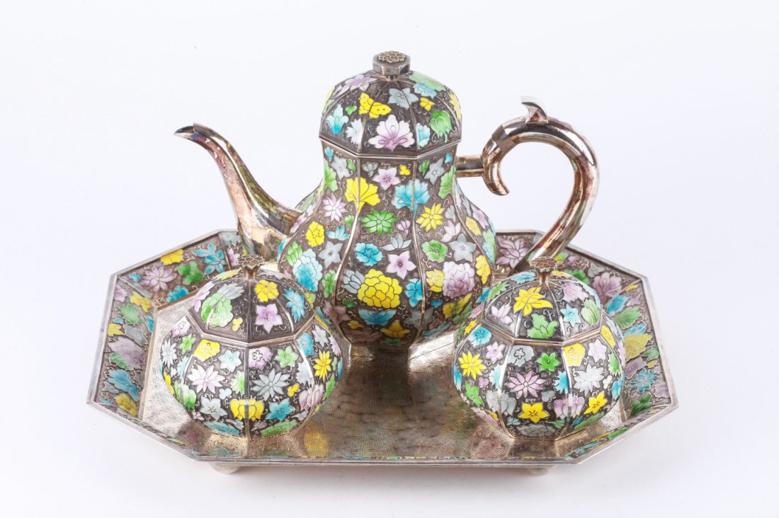 4 Pieces Silver & Enamel Tea Set: 4 Pieces Silver & Enamel Tea Set Dimension: 11 3/4"L x 9 7/8"W (plate) 6 3/8"H x 9"W (teapot) Weight: 1794g.