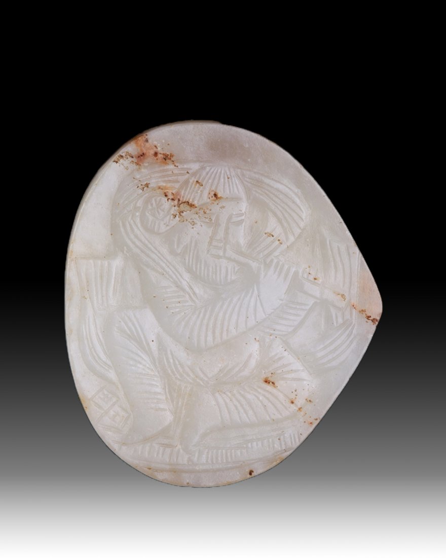 Ming Dynasty Jade Peach Shape Plaque: Ming Dynasty Jade Peach Shape Plaque Carved in Low Relief with A Man Play Flute Dimension: 1 5/8"L X 1 7/8"W