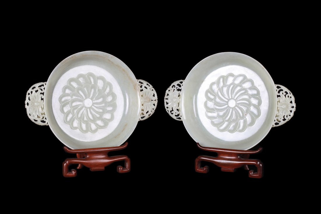 Pair of Chinese Jade Carved Dishes w/ Loose Ring: Pair of Chinese Jade Mughal-Style Carved Dishes with Loose Ring Handles and Wood Base Dimension: 8"Diam