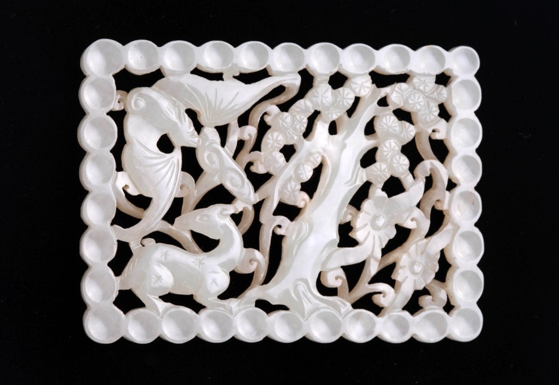 Ming Dynasty Jade Plaque Carved in Open Work: Ming dynasty jade plaque carved in open work of bat and deer Provenance: A North Caroline Private Jade Collector Dimension: 2 7/8"L x 2 1/8"W