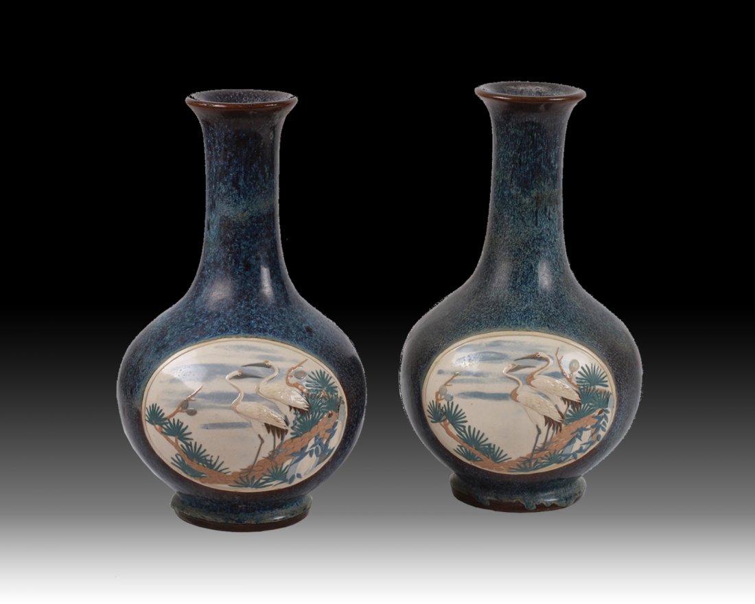 Pair of Chinese Yixing Vases: Pair of Chinese Yixing Vases with Two Panels of Cranes & Pines Dimension: 14 1/4"H
