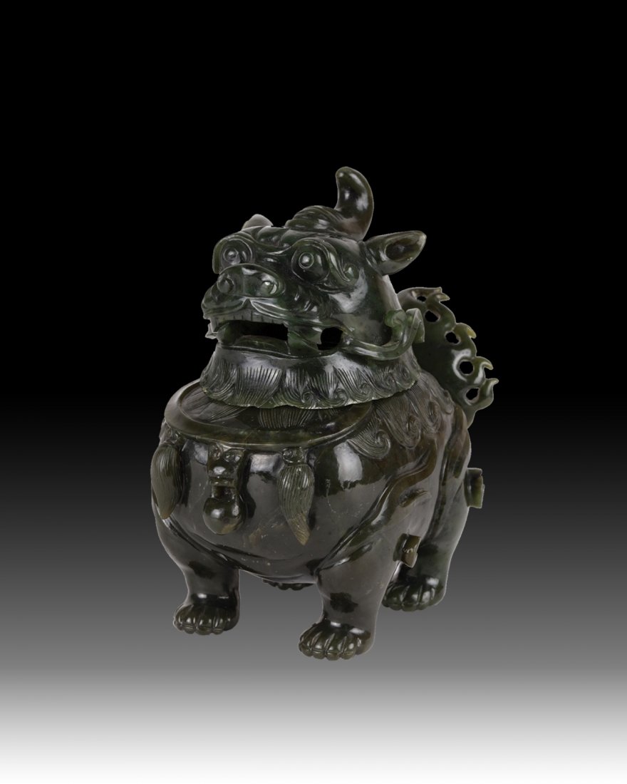 Chinese Spinach Jade Carved Unicorn: Chinese Spinach Jade Carved Unicorn Provenance: Former Board Member Bruce Museum. Acquired in the late 60s/70s. Has remained in same collection. Dimension: 5 3/4"H x 5 1/2"W