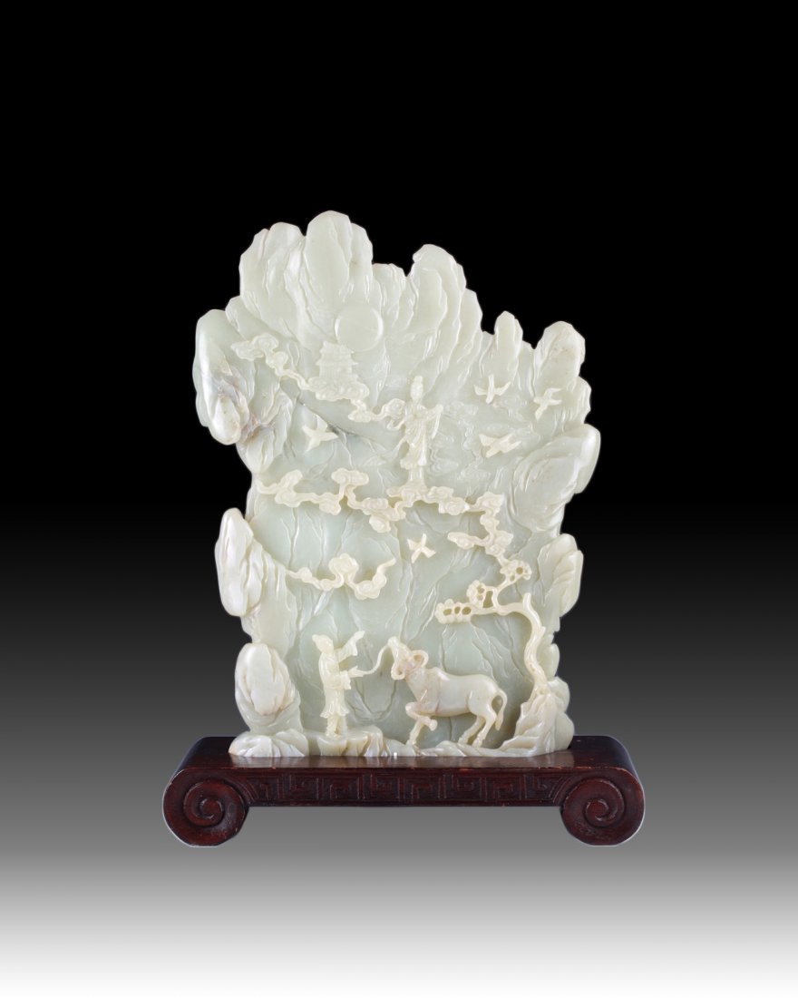 19th C. Chinese Jade Carved Table Screen: 19th C. Chinese Jade Table Screen Carved with Story of Cowboy and Woven girl, Wood Base Provenance: From the private collection of a Colonel (ret.) in the United States Army. The Col. acquired a taste