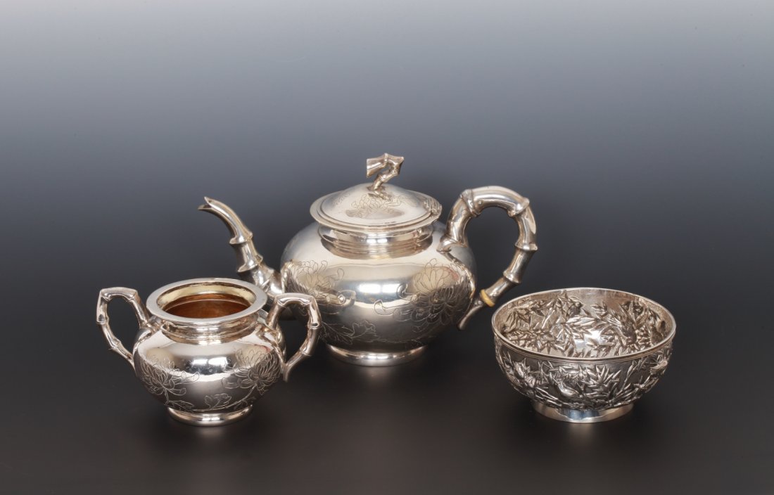 Chinese Three Pieces of Sterling Silverware: Chinese Three Pieces of Sterling Silverware Dimension: 6"H x 5 1/2"Diam , 542 grams(biggest)