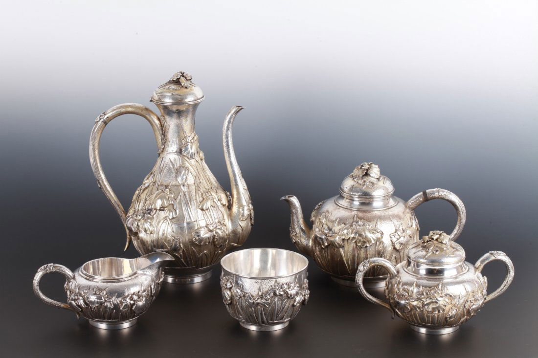 Five Pieces Sterling Silver Tea Set: Five Pieces Sterling Silver Tea Set Dimension: 10 1/4"H (largest) 2146g (total weight)