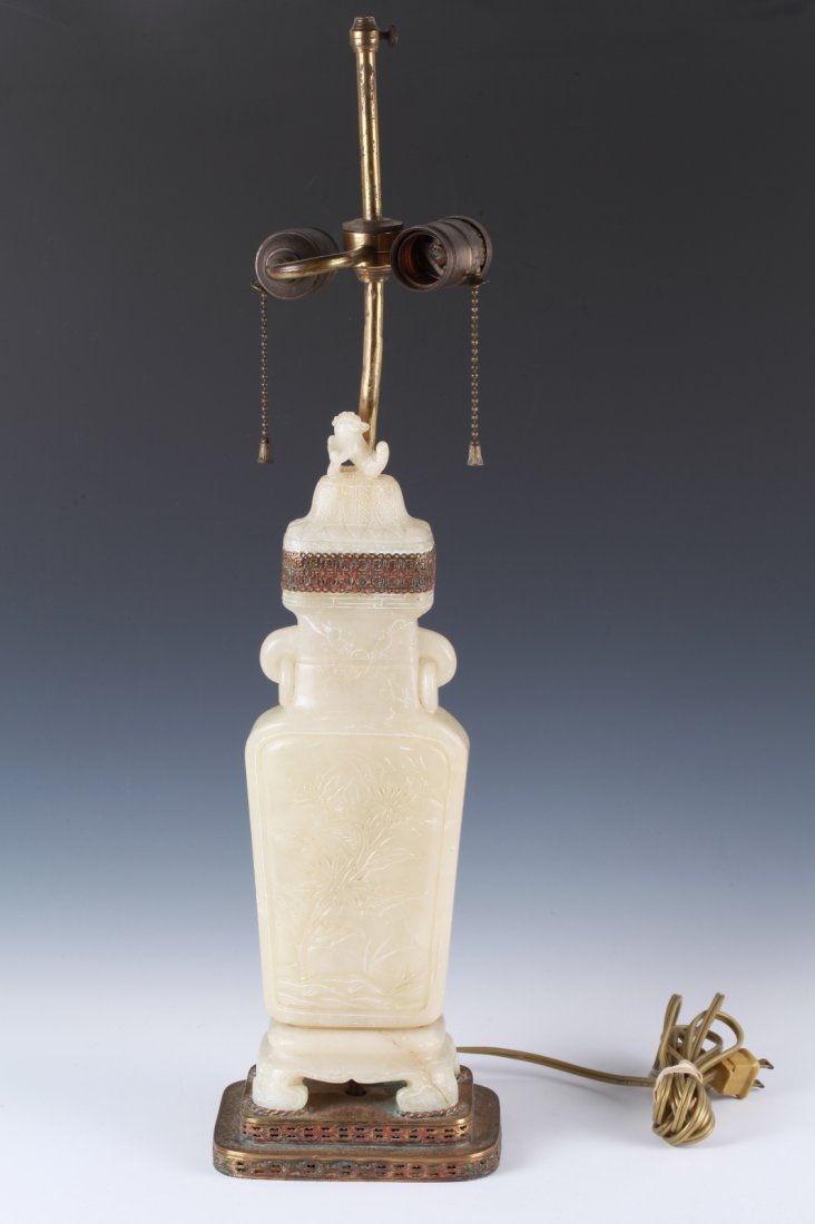 Chinese Soapstone Carved Lidded Vase as Lamp: Chinese Soapstone(FuRongShi) Carved Lidded Vase as Lamp Dimension: 14"H (vase) & 23"H