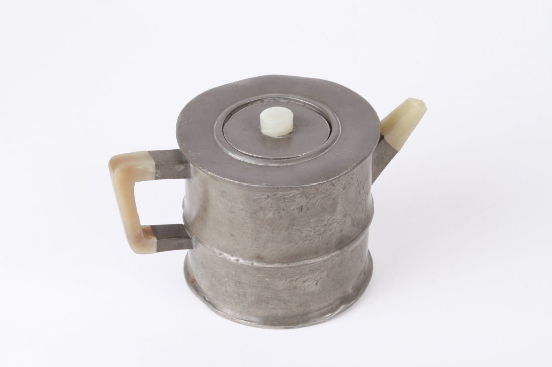 Chinese Pewter Yixing Zisha Teapot Inlaid Jade: Chinese Pewter Yixing Zisha Teapot Inlaid Jade Spout & Handle & Finial, incised Poem/ Bamboo, Yang Peng Nian Mark Dimension: