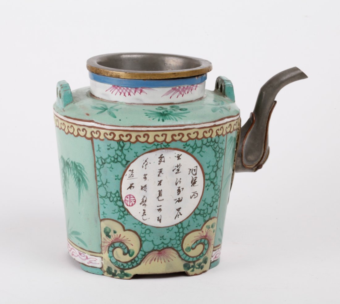 Chinese Yixing Zisha Teapot Painted Figure & Poem: Chinese Yixing Zisha Teapot Painted Figure & Poem Dimension: 5 3/4"H x 8"W