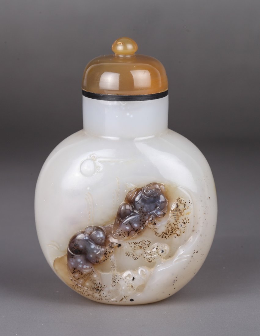 19th Century Chinese Agate Snuff Bottle: 19th Century Chinese agate snuff bottle carved two old scholars mountain Dimension: 3 1/8"L x2 1/8"W