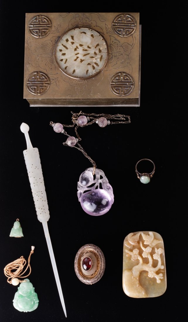 7 Pcs Jade/Jadeite/Stone w/Paktong Box Inlaid Jade: 7 Pcs Jade/Jadeite/Stone w/ Paktong Box Inlaid Jade Dimension: 5/8"L (the smallest jadeite) & 7 5/8"L (hair pin)