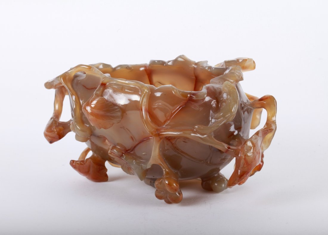 Chinese Agate Carved Lotus Washer: Chinese Agate Carved Lotus Washer Dimension: 4"H x 8"W