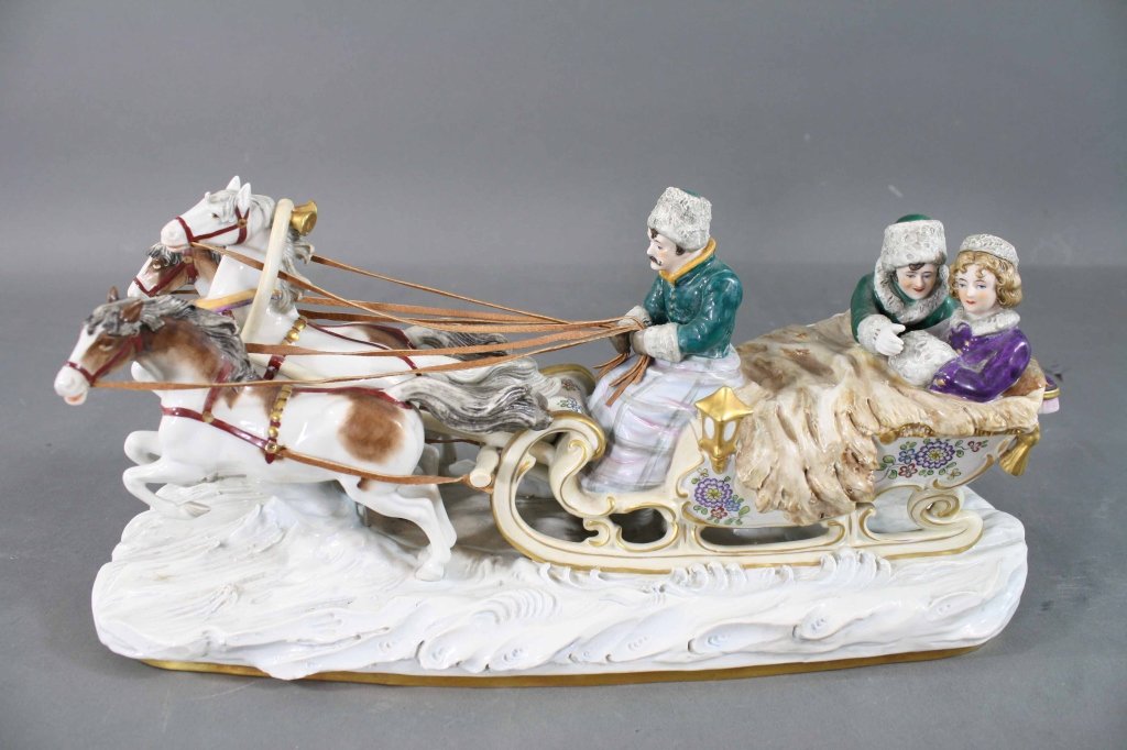 German Made Russian Troyka Decorated Porcelain: German Made "Russian Troyka Decorated Porcelain Group w/ 3 Figures, 3 Horses + Sled on Snow Dimension: 15.5 inches L
