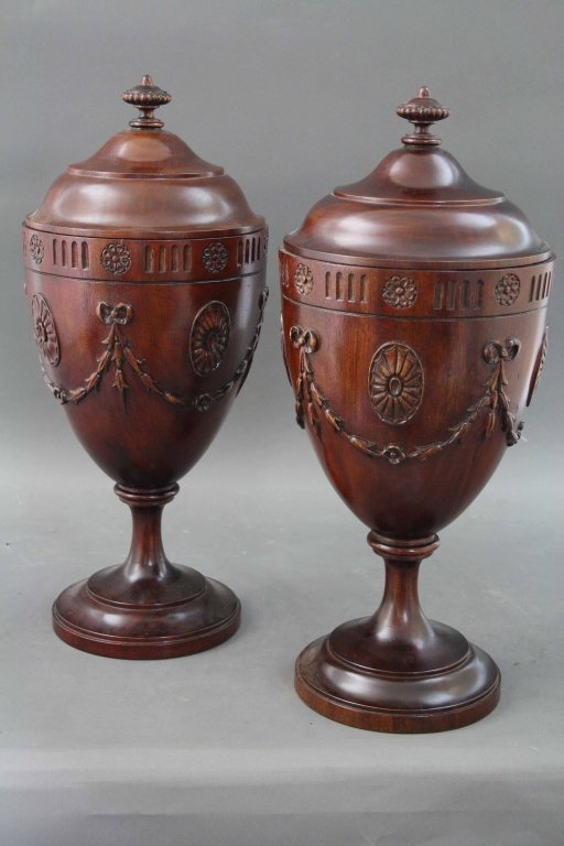 Pair Adams Style Mahogany Urn Shape Knife Boxes: Pair Adams Style Carved Mahogany Lidded Urn Shape Knife Boxes w/ Allover Bell Flower, Bow+Rosette Design - Has Fitted Interior Dimension: 22 inches, 9.3 inches