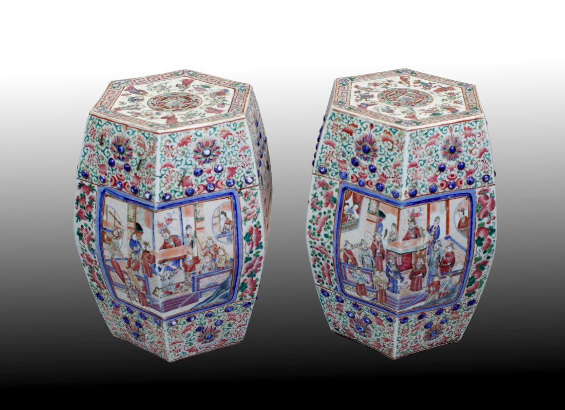 Pair of Chinese Famille Rose Hexagon Garden Stool: Pair of Chinese Famille Rose Hexagon Garden Stool Dimension: 18 3/4"H x 14"W