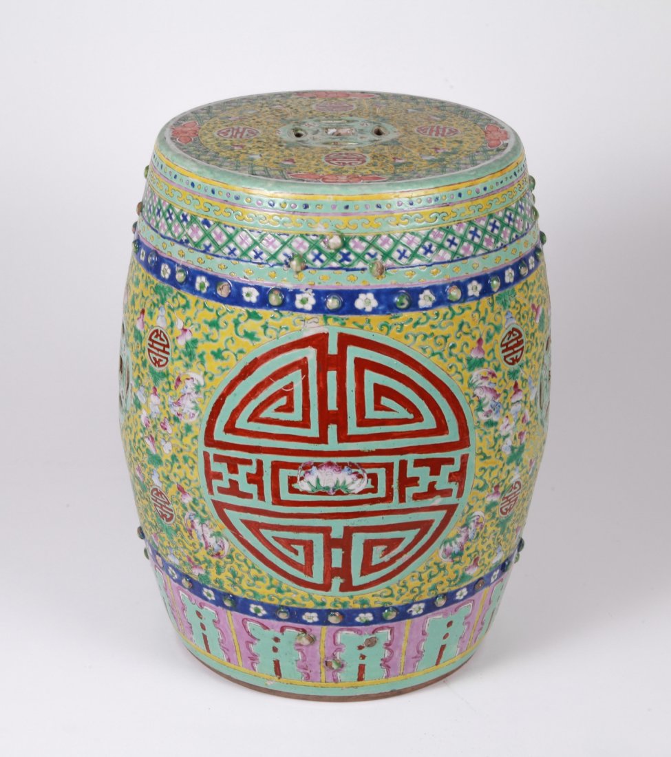 19th C. Chinese Famille Rose Garden Stool: 19th C. Chinese Famille Rose Garden Stool Dimension: 18 1/4"H