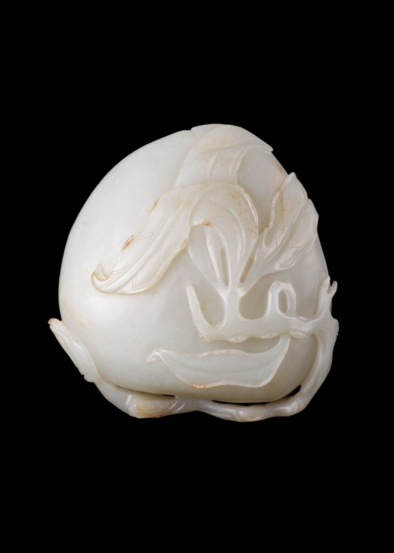 19th C. CH Jade Carved Peach Formed Washer: 19th C. CH Jade Carved Peach Formed Washer Dimension: 3 3/4"L x 3 3/4"W