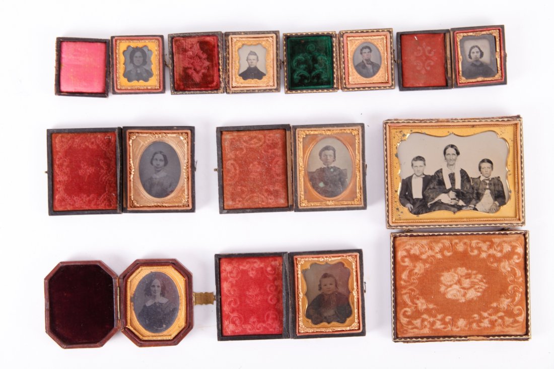 11 Ambrotypes- Portraits of Men, Women, Children: 11 Ambrotypes- Portraits of Men, Women, ChildrenAbout 3.5 inch Length on average each one9 ambrotype portraits of men, women, children & families incl. 2 children seated with puppy, child playing with