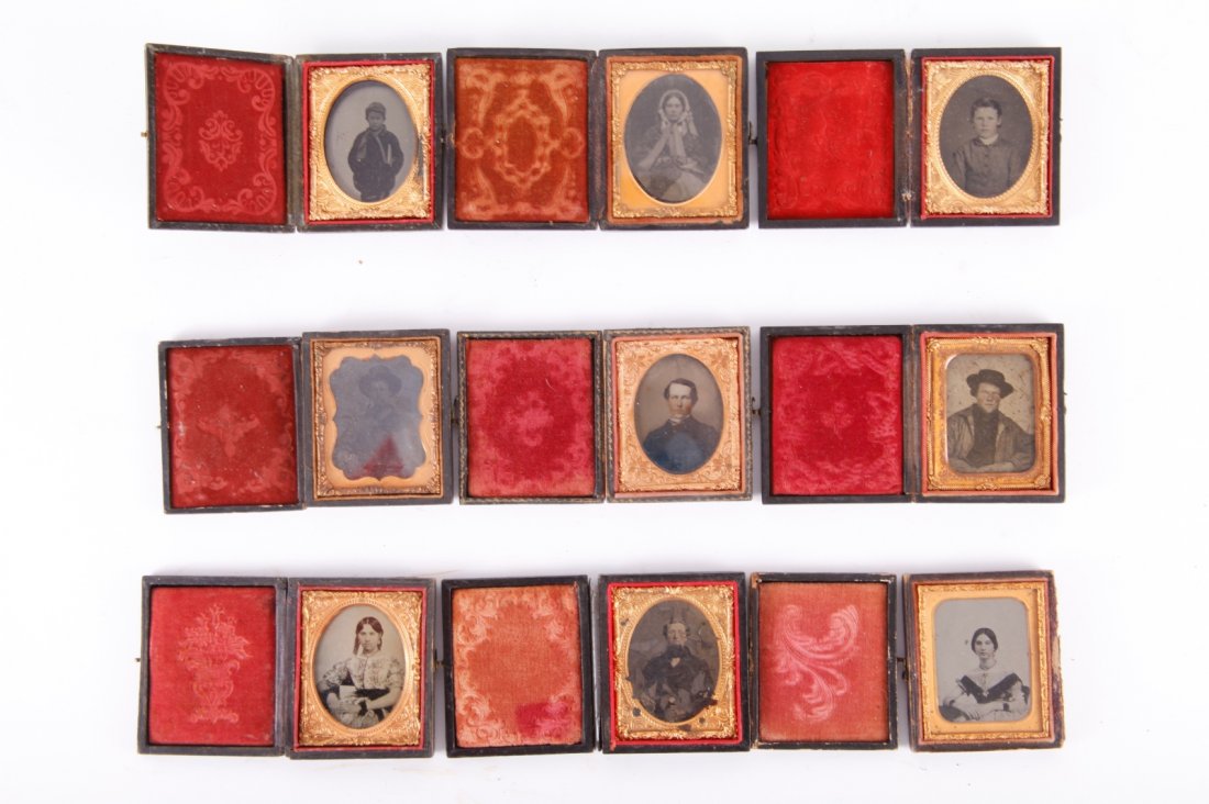 9 Ambrotypes- Portraits of Men, Women, Children: 9 Ambrotypes- Portraits of Men, Women, ChildrenAbout 3.5 inch Length on average each one9 ambrotype portraits of men, women, children & families incl. 2 children seated with puppy, child playing with 