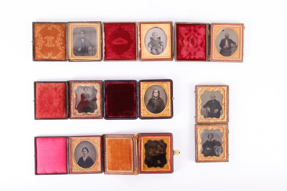 8 Ambrotypes- Portraits of Men, Women, Children: 8 Ambrotypes- Portraits of Men, Women, ChildrenAbout 3.5 inch Length on average each one9 ambrotype portraits of men, women, children & families incl. 2 children seated with puppy, child playing with 