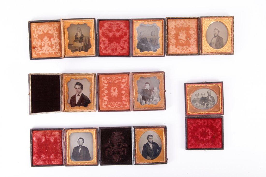 8 Ambrotypes- Portraits of Men, Women, Children: 8 Ambrotypes- Portraits of Men, Women, ChildrenAbout 3.5 inch Length on average each one9 ambrotype portraits of men, women, children & families incl. 2 children seated with puppy, child playing with 