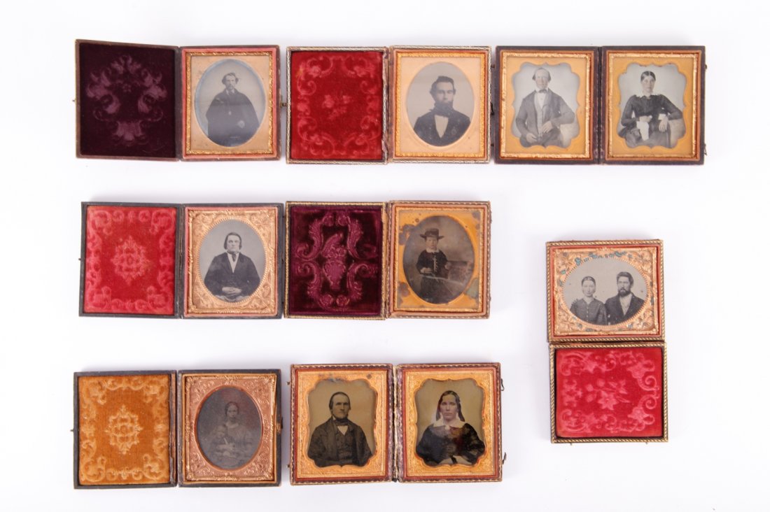 8 Ambrotypes- Portraits of Men, Women, Children: 8 Ambrotypes- Portraits of Men, Women, ChildrenAbout 3.5 inch Length on average each one9 ambrotype portraits of men, women, children & families incl. 2 children seated with puppy, child playing with 
