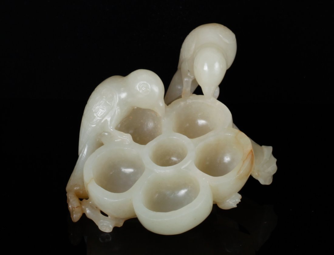 Qing Dynasty Jade Carved Plum Formed Washer: Qing Dynasty Jade Carved Plum Formed Washer w/ Two Birds Dimension: 3 7/8"L x 1 1/2"W