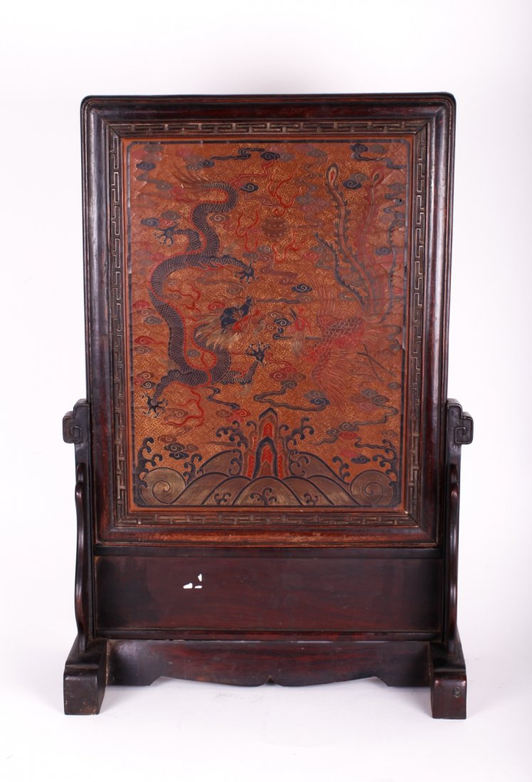 Chinese Wood Lacquer Table Screen: Chinese Wood Lacquer Table Screen Dimension: 18 1/2"H x 15"W (without stand), 25"H ( total)