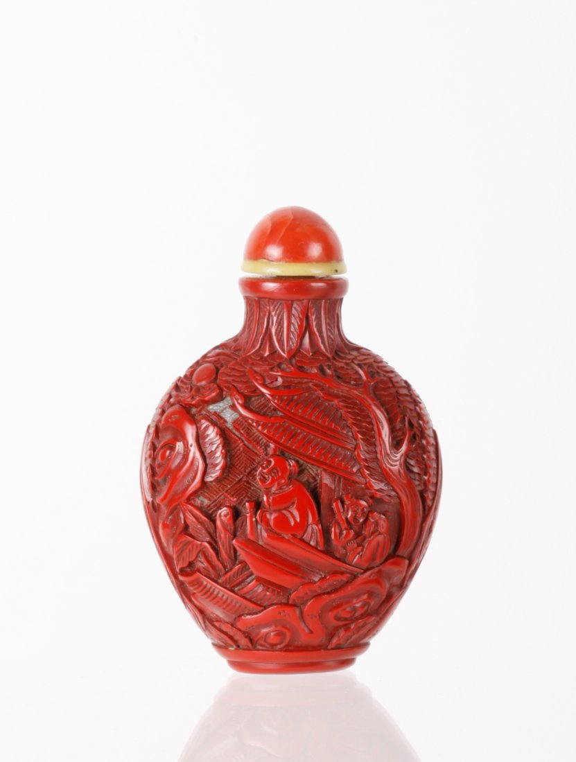18/19th C. Carved Red Cinnabar Snuff Bottle: 18/19th C. carved red cinnabar decorated with scholars and children in a pavilion and mountains Dimension: 3"H