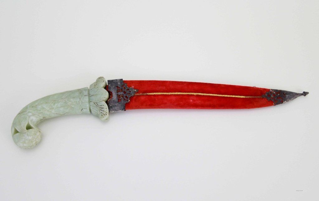 19th C Dagger with Mughal Jade Handle and Scabbard: 19th C Metal Dagger With Mughal Style Jade handle and Scabbard Dimension: 21 1/2"L x 4"w