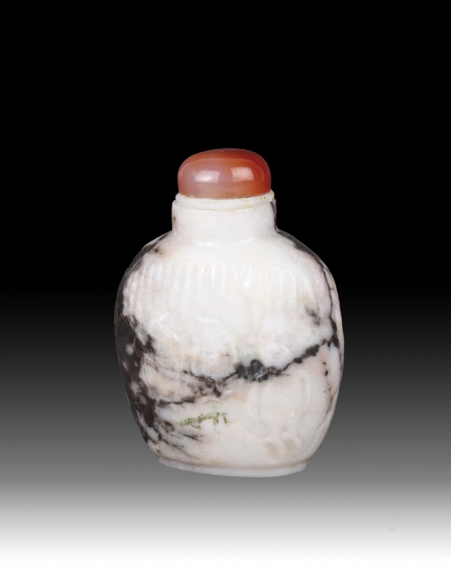 19th C. Chinese Black and White Jade Snuff Bottle: Carved in relief with Penguins in ice scene Dimension: 3"H