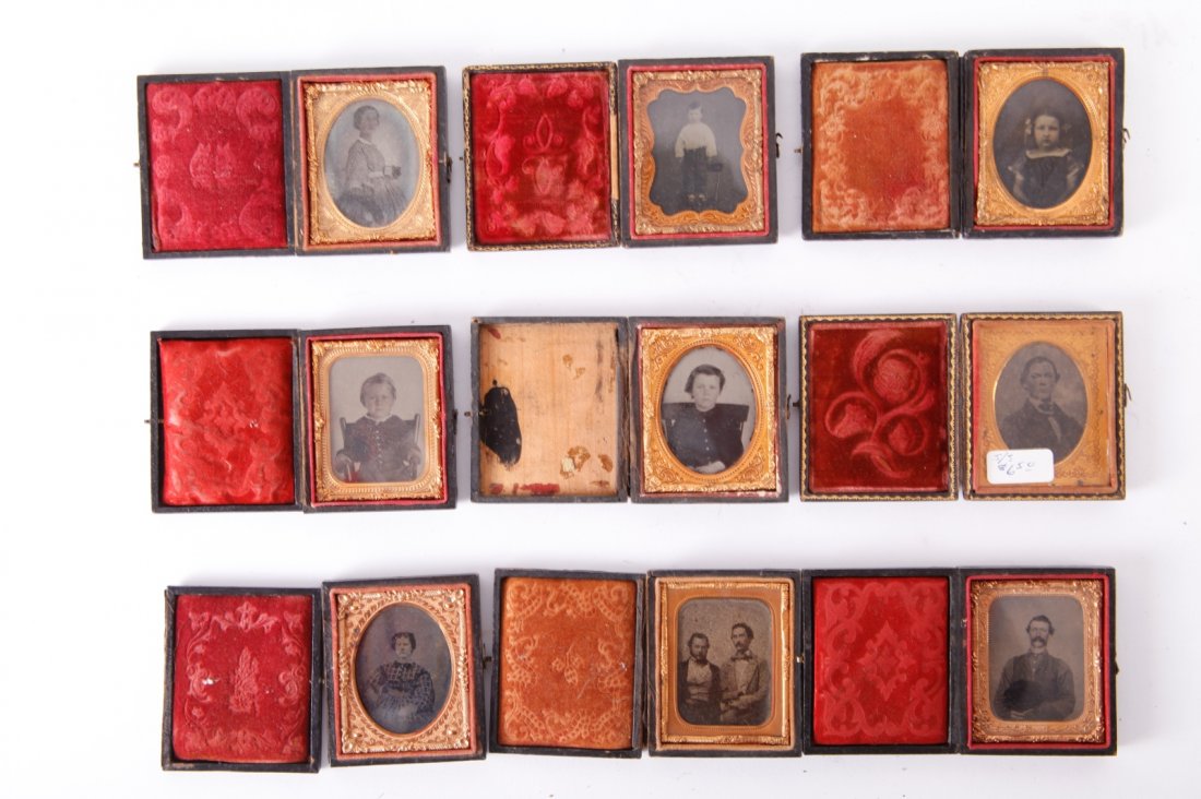 9 Ambrotypes- Portraits of Men, Women, Children: 9 ambrotype portraits of men, women, children & families incl. 2 children seated with puppy, child playing with drums, standing “Cowboy” with 10-gallon hat, leather vest and soft tie, and possible
