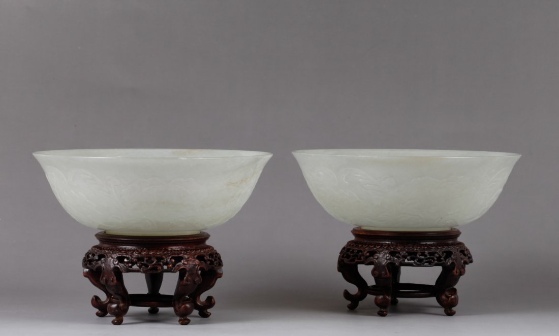 Pair of Chinese Jade Mughal Style Bowls w/Wood Stand: Pair of Chinese Jade Mughal Style Bowls w/ Wood Stand Dimension: 1 3/4"H x 4 7/8"Diam (without stand)