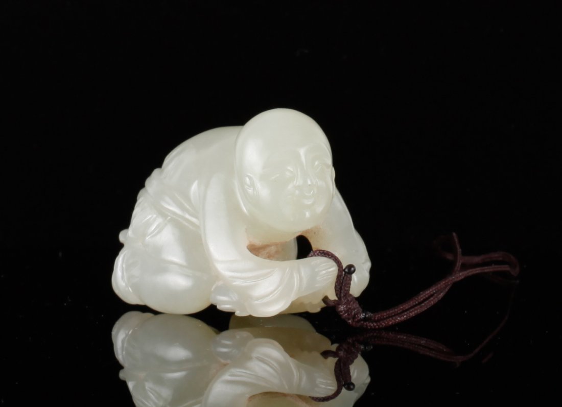 Chinese Jade Carved Boy & Ling Zhi: Chinese Jade Carved Boy & Ling Zhi Dimension: 1 5/8 x 1 1/4 inch