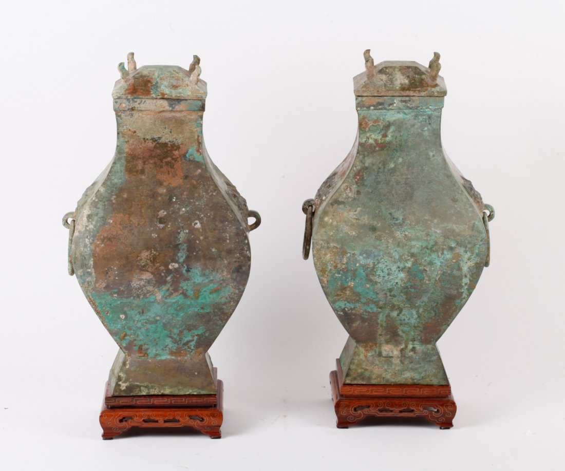 Pair of Han Dynasty Square Bronze Cover Vases: Pair of Han Dynasty Square Bronze Cover Vases w/ Stand Dimension: 34.0 cm height *18.0cm width( without stand)