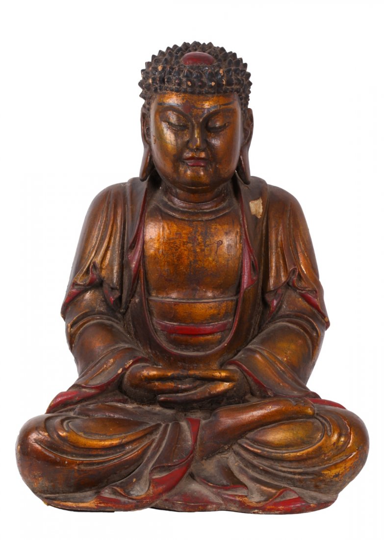 Chinese Gilt Wood Seating Buddha: Chinese Gilt Wood Seating Buddha Condition: cracks & chips Dimension: 69cm H x 54cm W