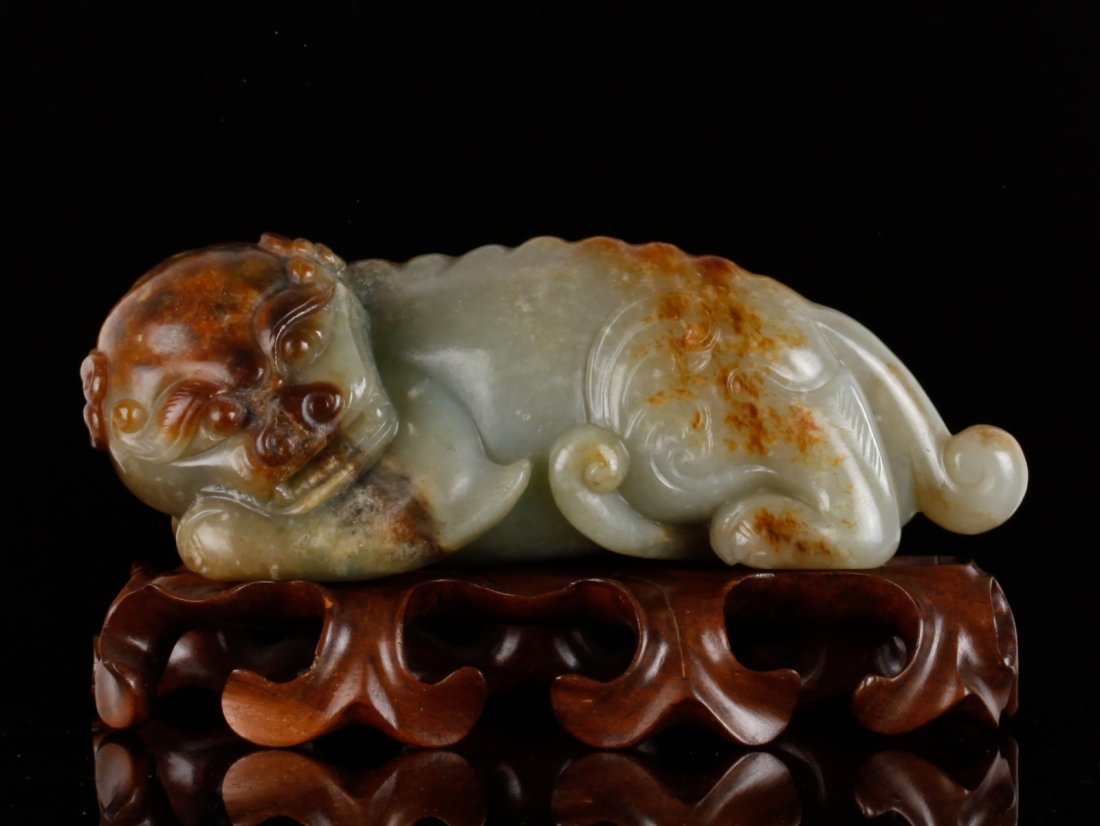 Ming Jade Carved Buddhist Beast w/ Some Russet: Ming Jade Carved Buddhist Beast w/ Some Russet, Hardwood Base Dimension: 13.5cm L x 5.5cm W