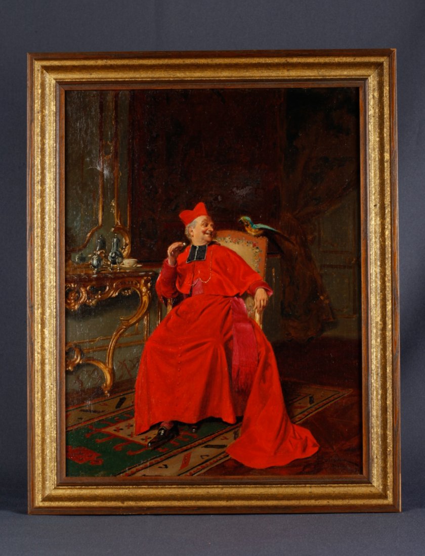 Bernard Louis BORIONE. Oil on Canvas, Paris, 1910: Oil on Canvas with Gold Leaf Frame. "Cardinal sitting with Parrot . Signed: "B. Barione, Paris, 1910".Dimension: 13"L x 16"W