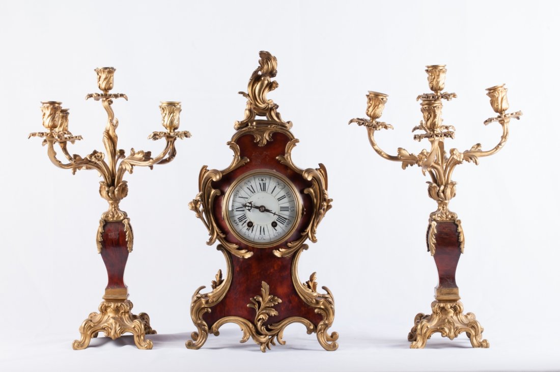 19th Century Dore Bronze Clock & Candelabra: Turtle Shell and Dore Bronze Clock with Pair of Candelabra- 19th CenturyDimension: 20 1/4"H x 10"W