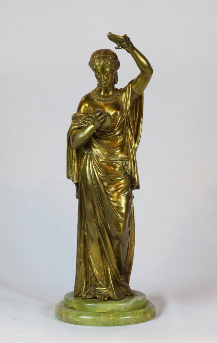 19th C. Bronze Statue of Woman with Book: 19th C. Bronze Statue of Woman with Book on Onyx Marble Base.Dimension: 22 1/2"H