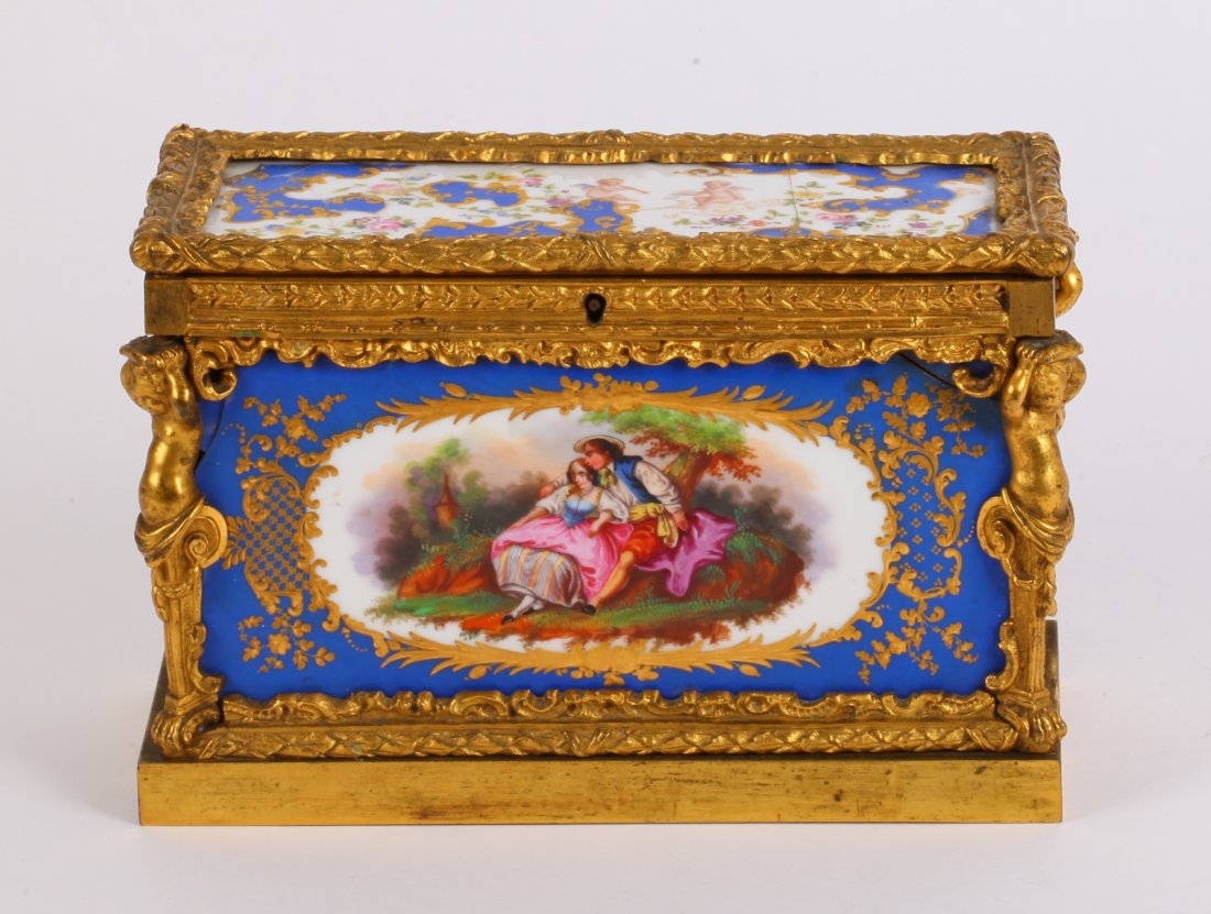 18th Century Bronze and Porcelain Jewelry Box: 18th Century Bronze and Porcelain Jewelry BoxDimension: 8"L x 3 3/4"W x 5 1/8"H