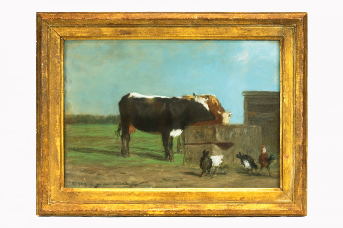 Troyon, Constant. Pastel on Paper. Cows Watering w: Farm Scene With Cows Watering out of Trough with Chickens Eating in Foreground. Signed lower left. Constant Troyon, French, 1810 - 1865Dimension: 17 1/2"W x 13 1/2"H