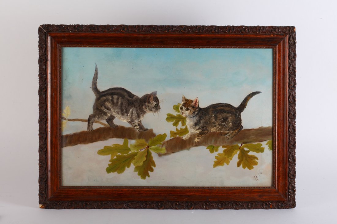 Oil Painting of Two Cats on Broad w/ Frame: Oil Painting of Two Cats on Broad w/ FrameDimension: 56cm (22") x 40cm (15 3/4")