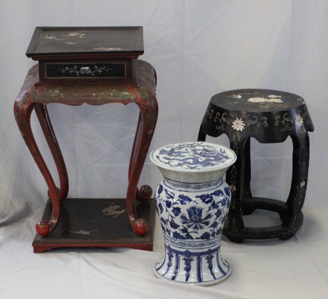 One Lacquer Stool & stand & One Porcelain Stool: One Lacquer Stool & stand & One Porcelain StoolDimension: 26 1/2"H x 18'W (the biggest one)
