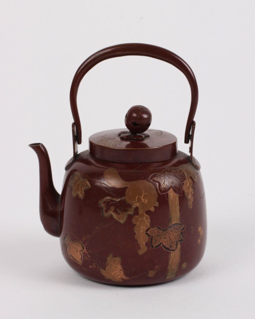 MeiJi Period Japanese Red Copper Teapot w/ Carving: MeiJi Period Japanese Red Copper Teapot w/ CarvingDimension: 4 inches by 3 inches