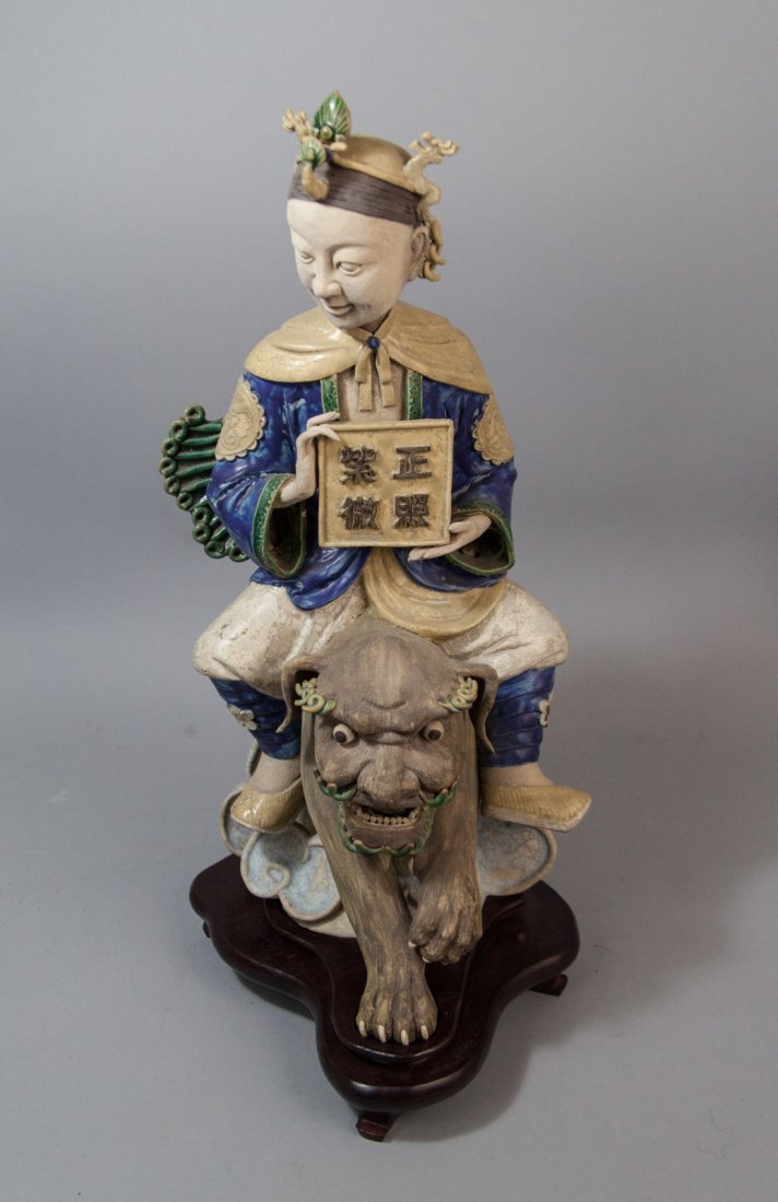 19/20th C. Shiwan Figure of Lady Ridding Buddhist: 19/20th C. Shiwan Figure of Lady Ridding Buddhistic Beast_x000D_ Dimension: 23 3/4"H x 11"W