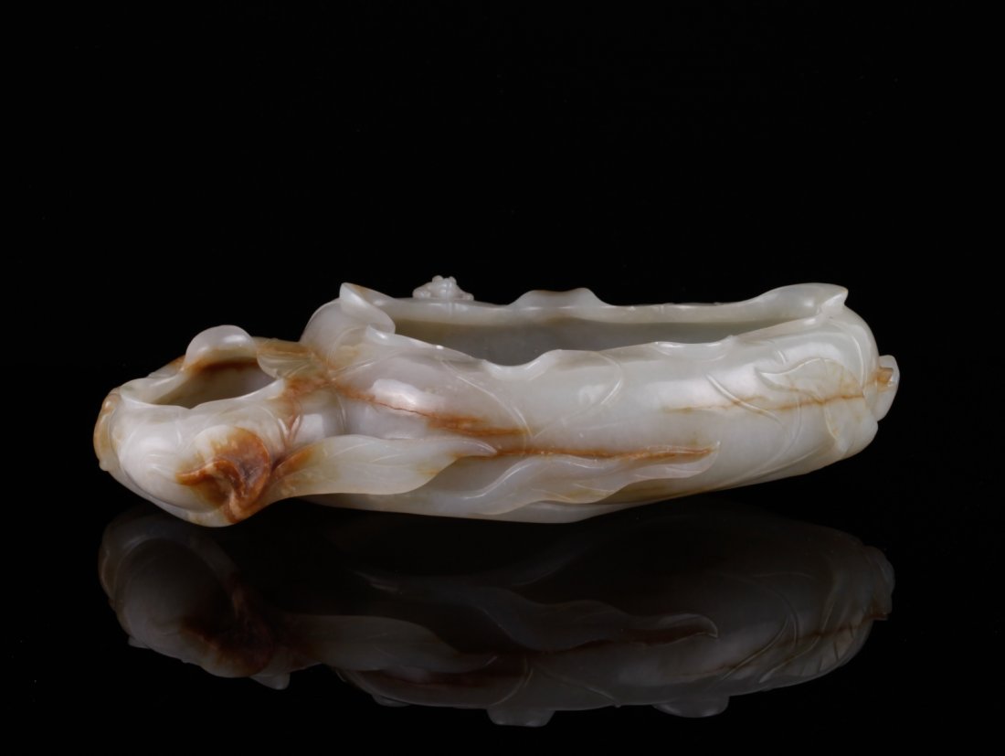 Qing Dynasty Jade Carved Lotus Washer: Qing Dynasty Jade Carved Lotus Washer _x000D_ Dimension: 6 3/4"L x 3 3/8"W_x000D_