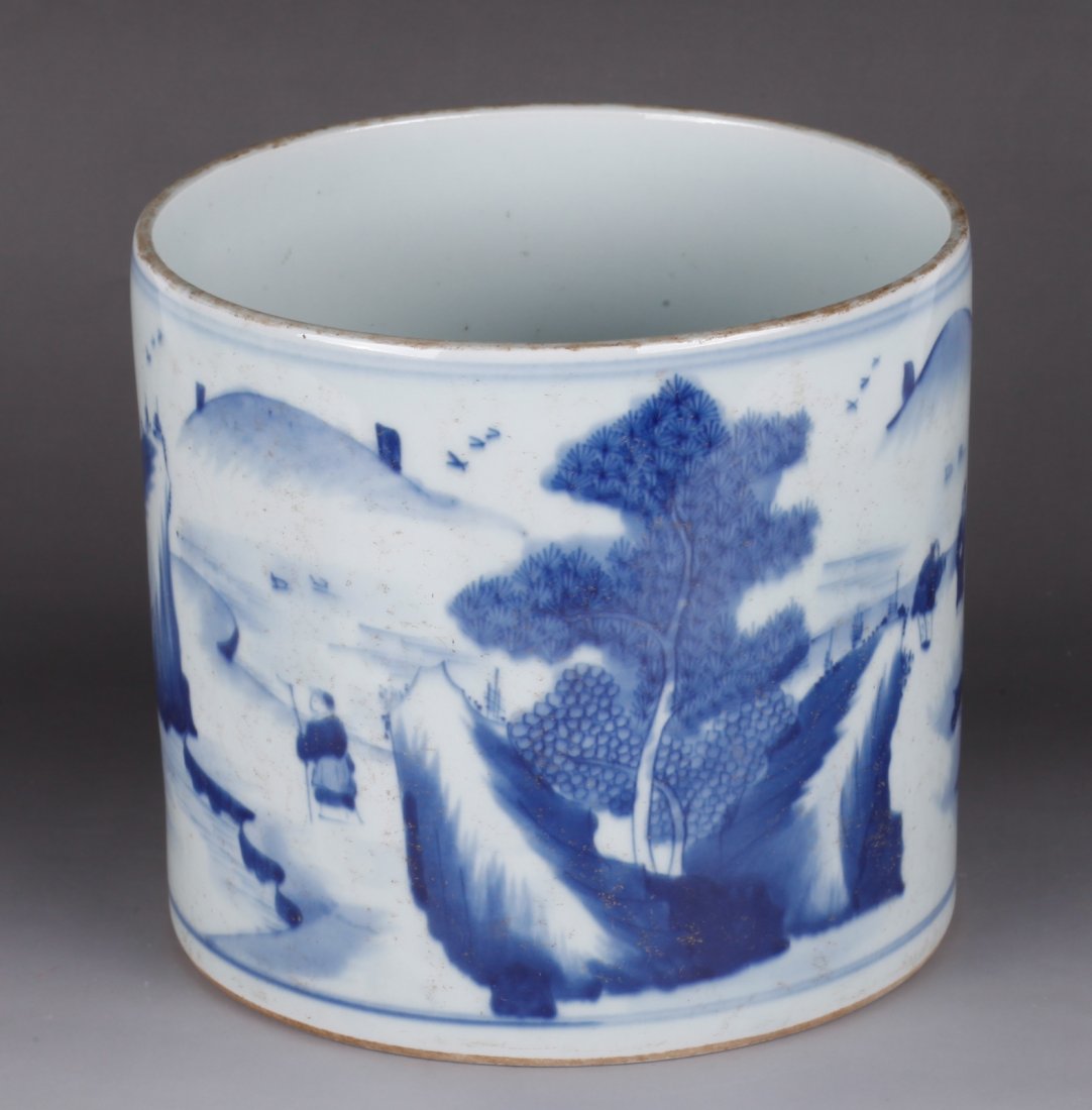 Chinese Blue/White Porcelain Brush Pot, Marked: Chinese Blue/White Porcelain Brush Pot, Marked "Wen Zhan Shan Dou"Dimension: 7 inches diameter by 6 1/2 inches height