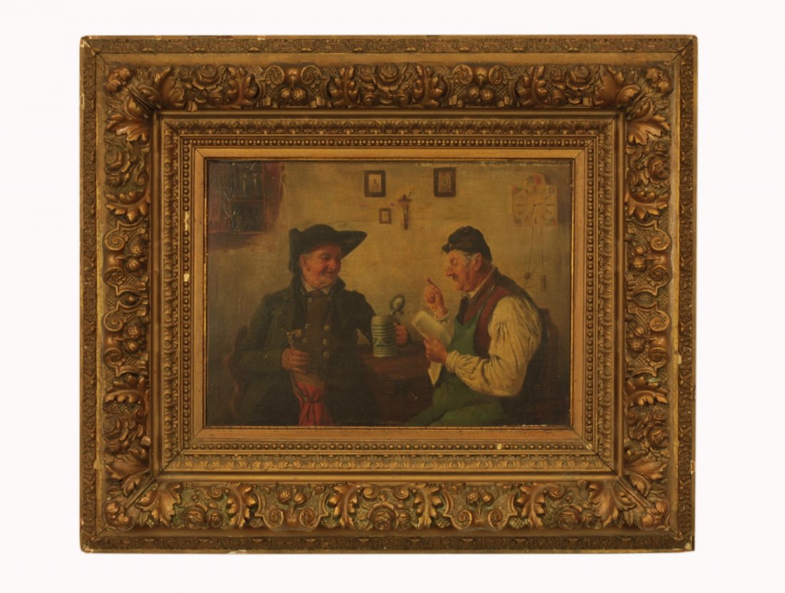 19th C. Bavarian Signed Oil on Board: 19th C. Bavarian Signed Oil on Board- Men Drinking at Home In period frame. Signature lower right indecipherable with "Munchen" below._x000D_ Dimension: 26 1/2"W x 22"H