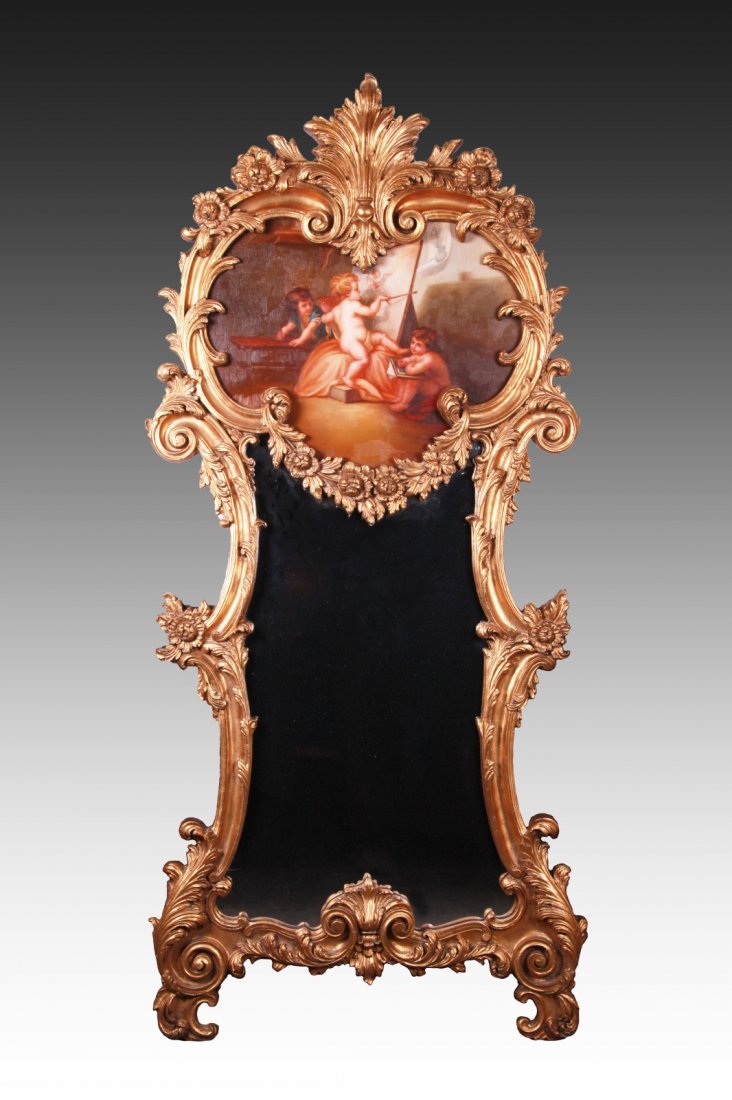 Gilt French 20th C .Tremou Mirror: Gilt French 20th C. Tremou Mirror with hand painted cupids on board Dimension: 60"L x 26"W